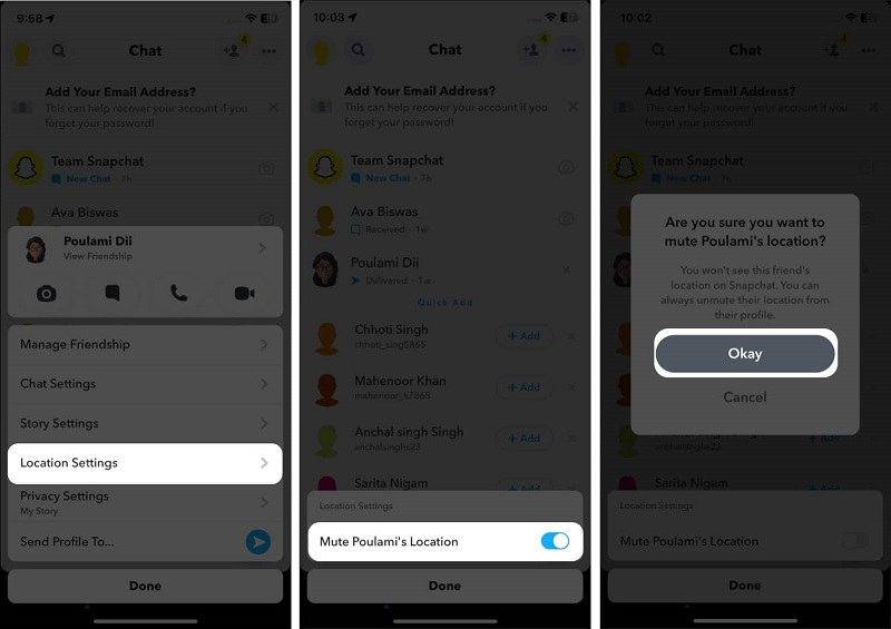 unmute someone's snapchat location